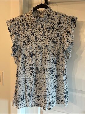 Floral Smocked Cap Sleeve Top - White & Navy